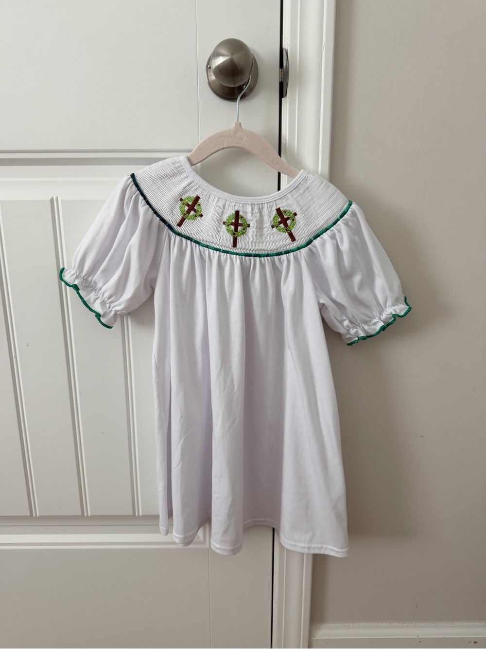 White Smocked Dress with Green Trim and Floral Cross Embroidery